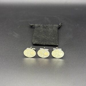 Vintage Rose Floral Etched Cufflinks Set of 3 Silver Tone Oval Engraved Prom